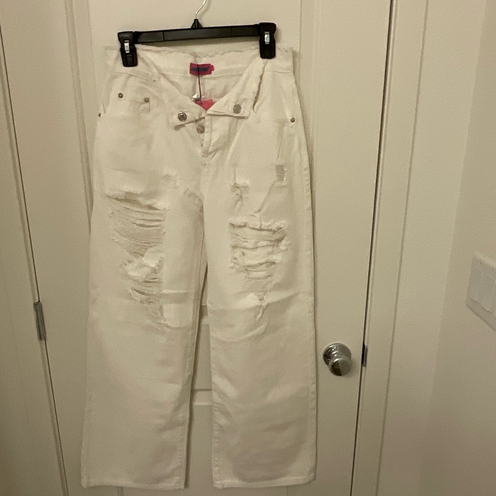 Edikted White Distressed Flare Jeans